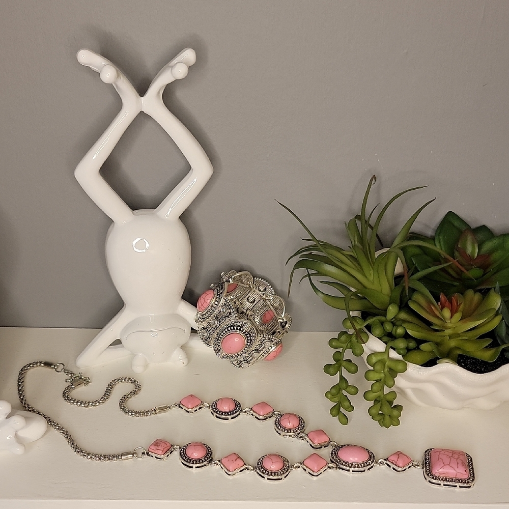 Boho Pink Stone Silver Necklace and Stretch Bracelet Set Western Cowgirl